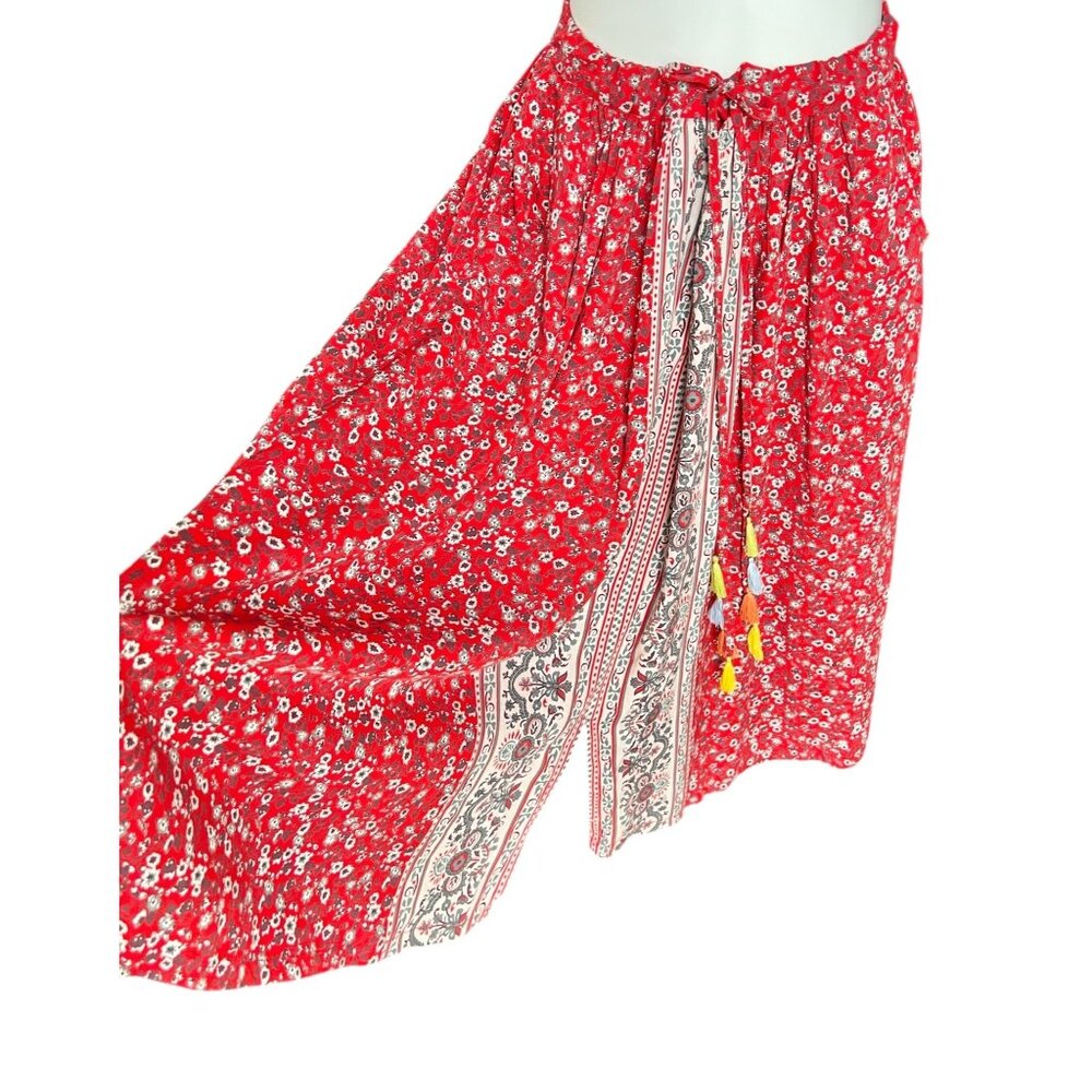 Dalin Women’s Skirt L Rayon Elastic Waist Dress Red Floral Tassel Tie Front - Picture 7 of 15